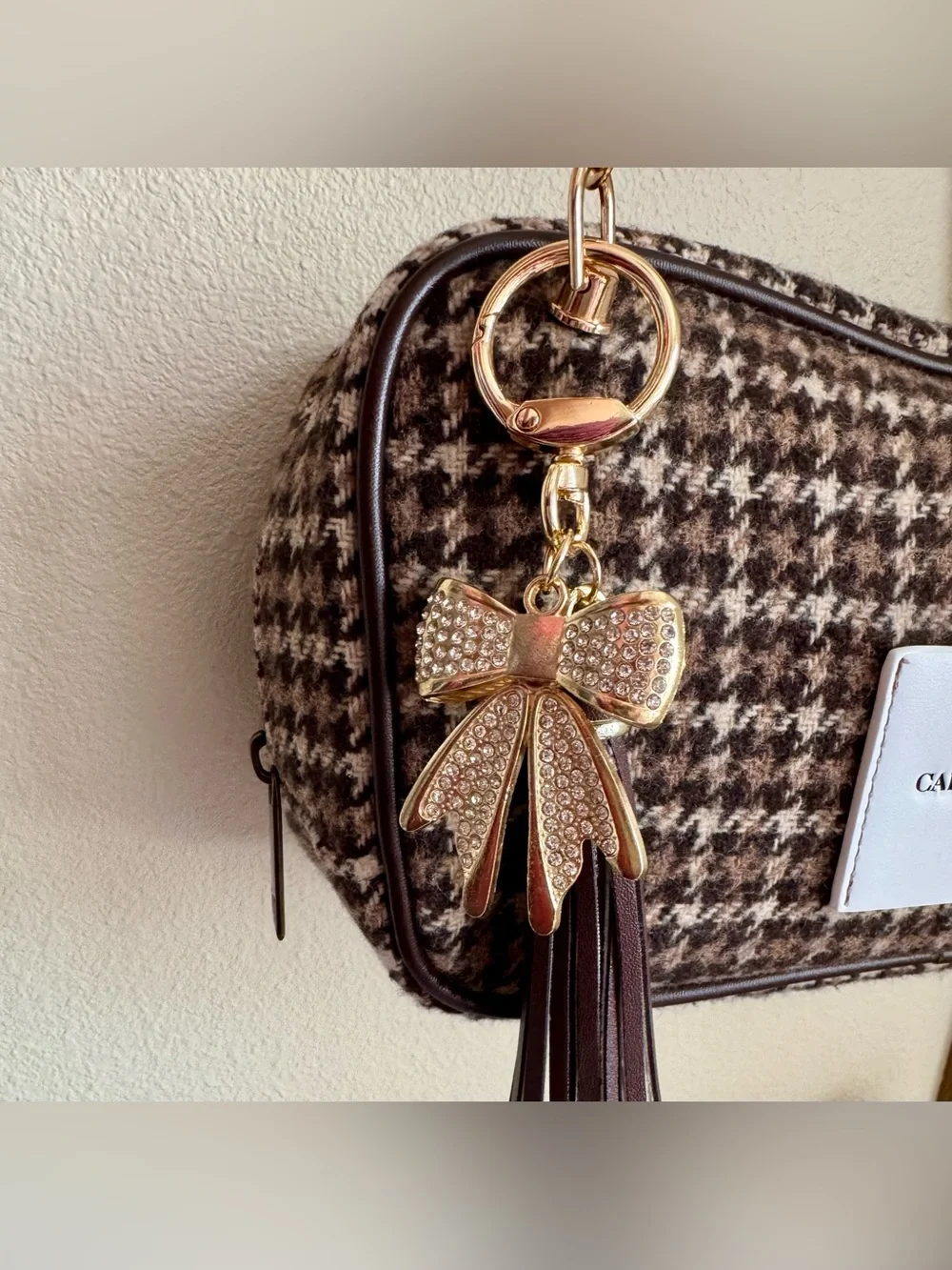 Carolina Herrera Brown Houndstooth Pearl-Handle Shoulder Bag